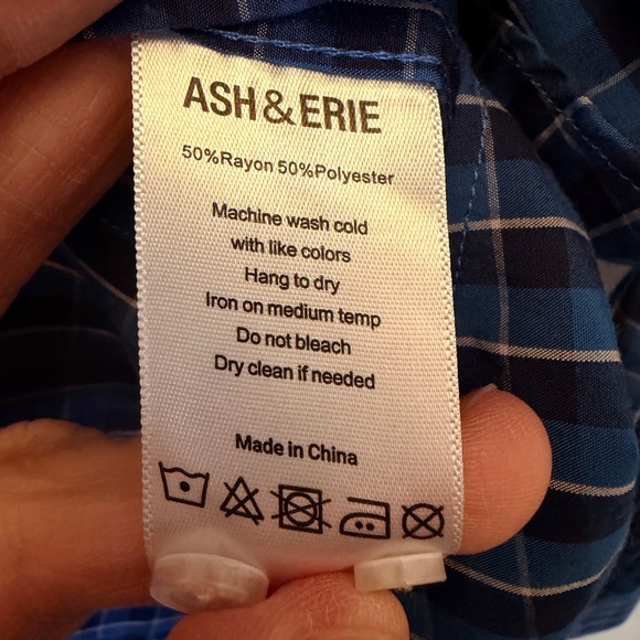 Ash & Erie Men’s Medium Navy Blue Bright Blue Plaid Long Sleeve Button Up Shirt - Picture 5 of 7